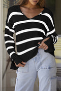 Black Caped V Neck Slit Sleeve Striped Sweater