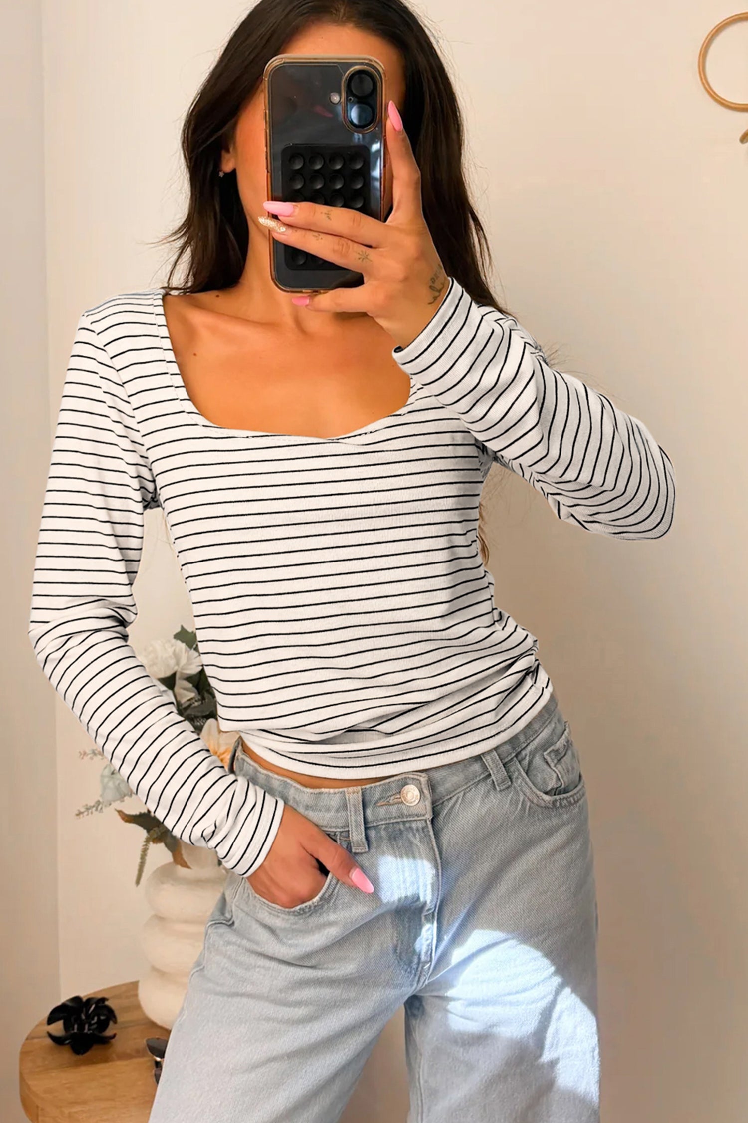 White Stripe Square Neck Long Sleeve Top