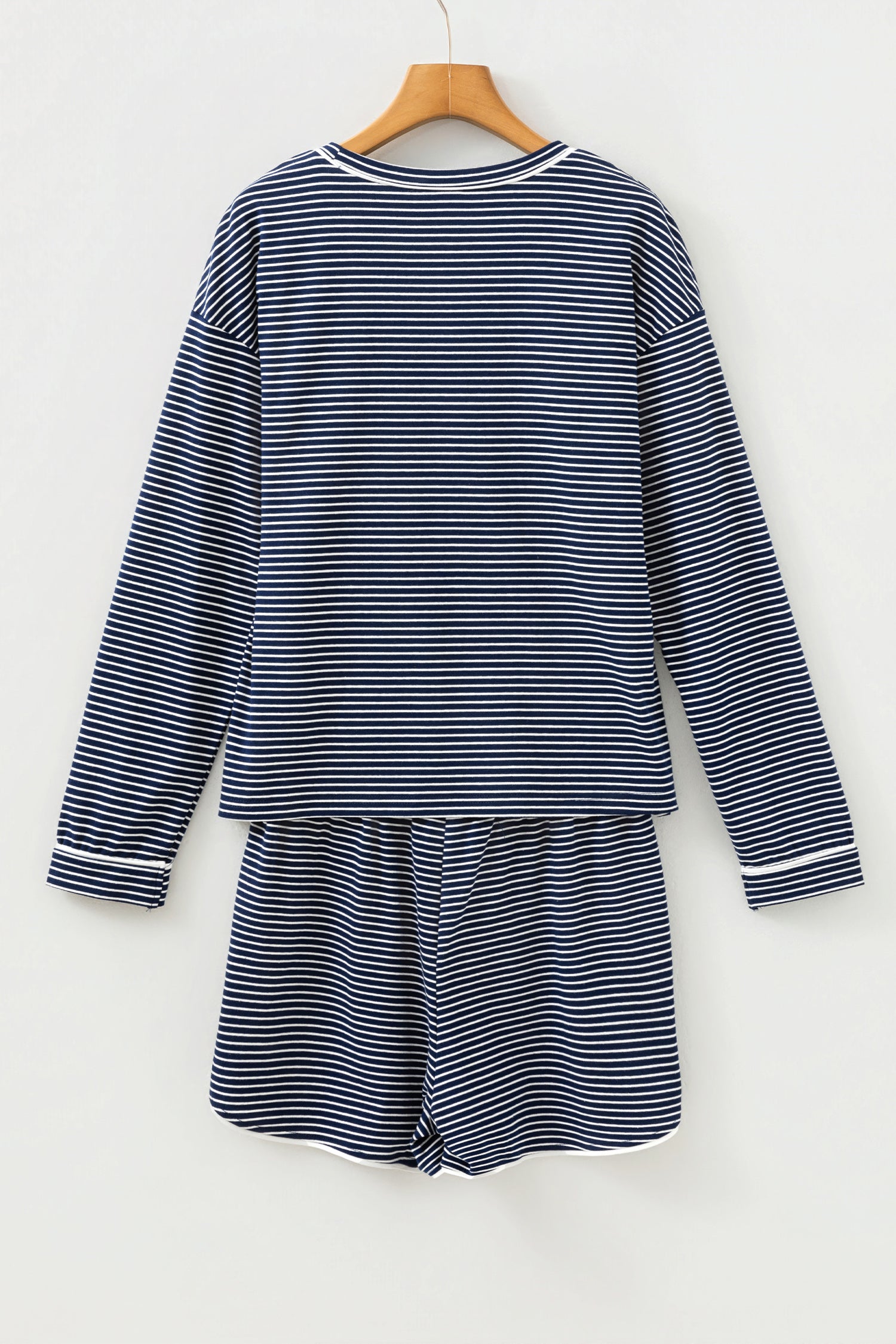 Blue Stripe Drop Shoulder Round Neck Long Sleeve Tee and Buttoned Shorts 2pcs Lounge Set