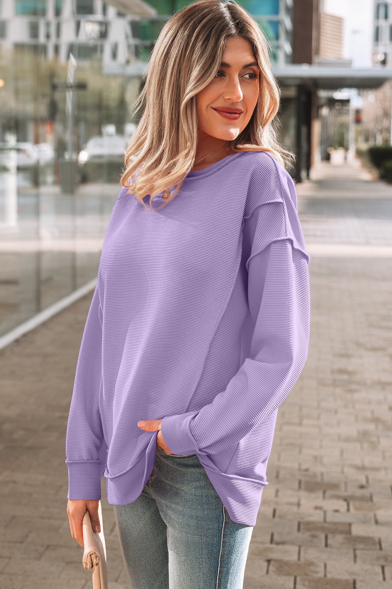 Lavendula Horizontal Ribbed Exposed Seam Detail Drop Shoulder Baggy Pullover