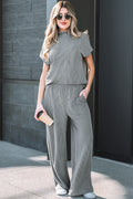 Dark Grey Twisted Ribbed High Neck Loose Tee Elastic High Waist Loose Pant Set