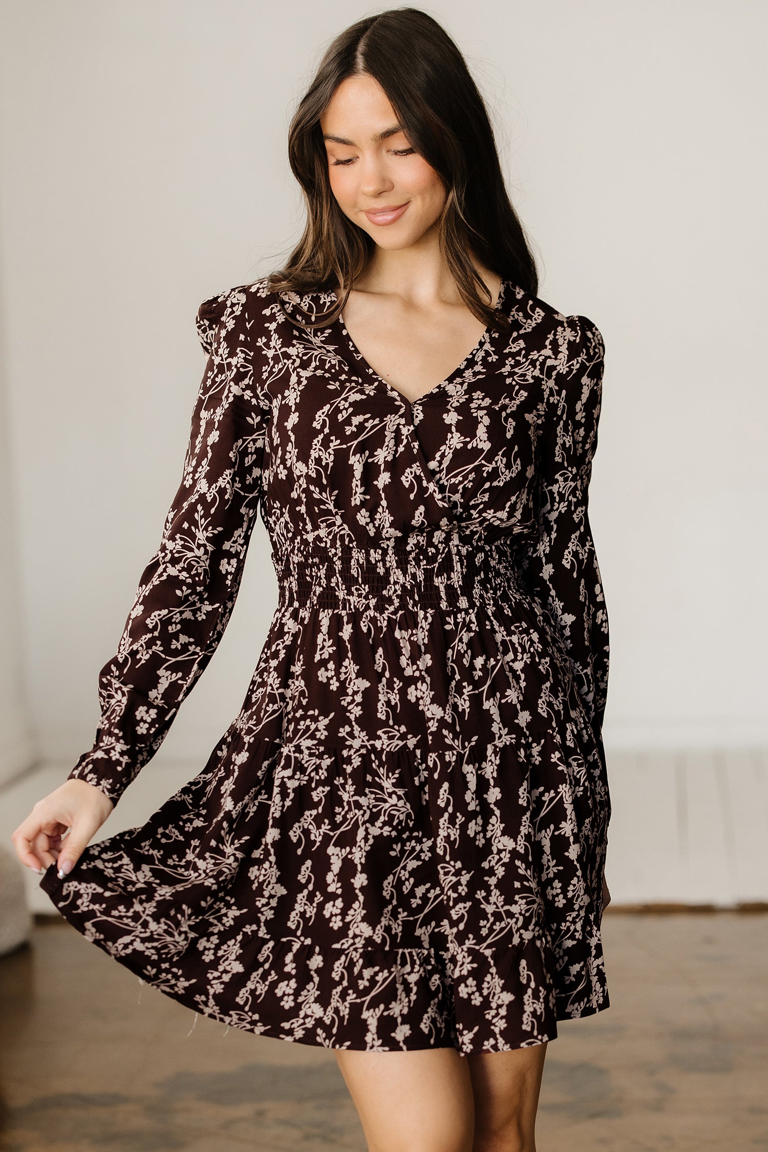 Brown Ditsy Floral Print Split Neck Long Sleeve Shirred Waist Flared Mini Dress