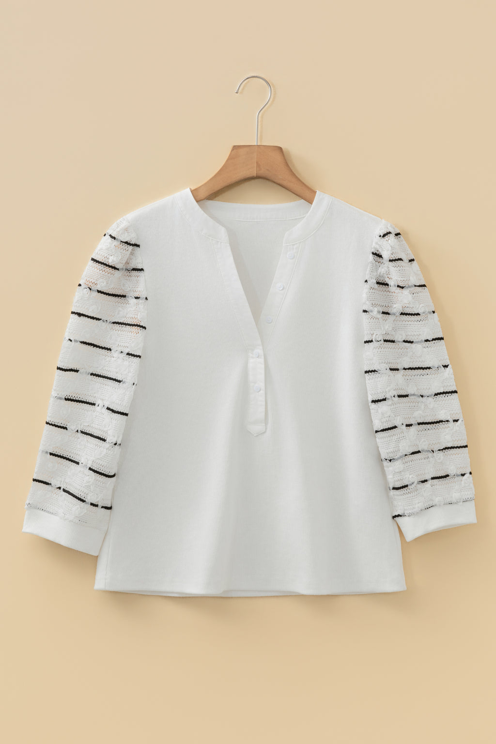 White Button Placket 3/4 Striped Sleeve Patchwork Rib Knit Top