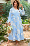 Sky Blue Floral Bracelet Sleeve V Neck Plus Size Tiered Maxi Dress