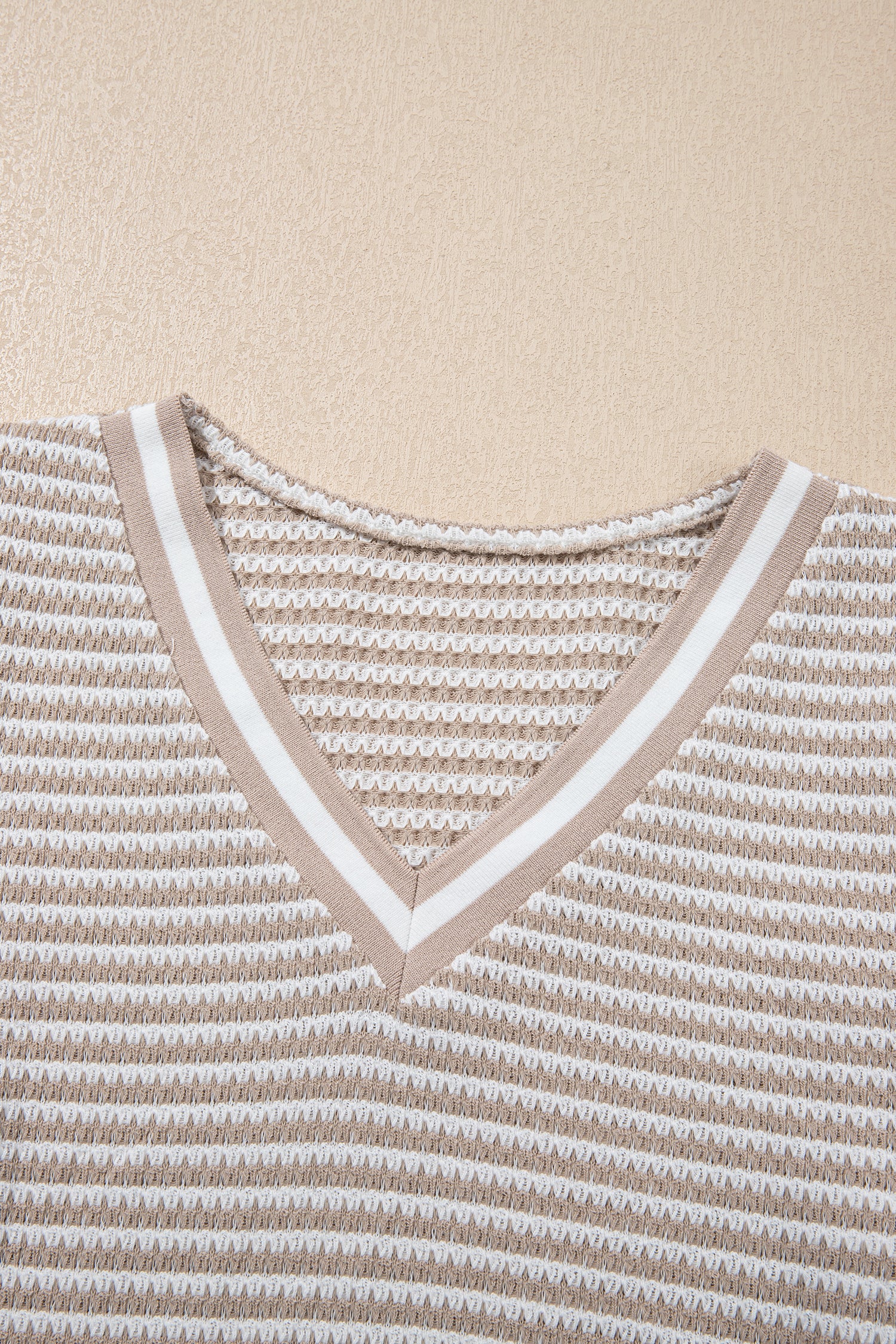 Beige Striped Textured Knit V Neck Casual Top