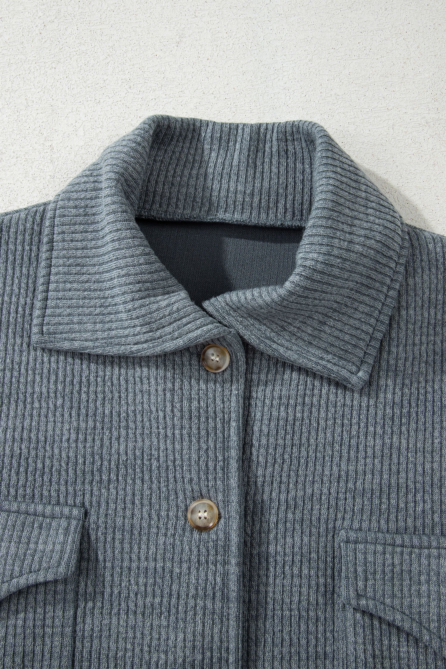 Medium Grey Ribbed Knit Buttons Front Flap Pocket Casual Shacket
