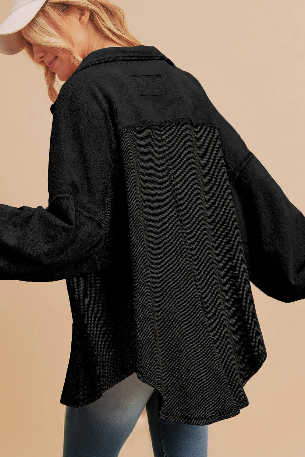 Black Waffle Knit Patchwork Exposed Seam Loose Shacket