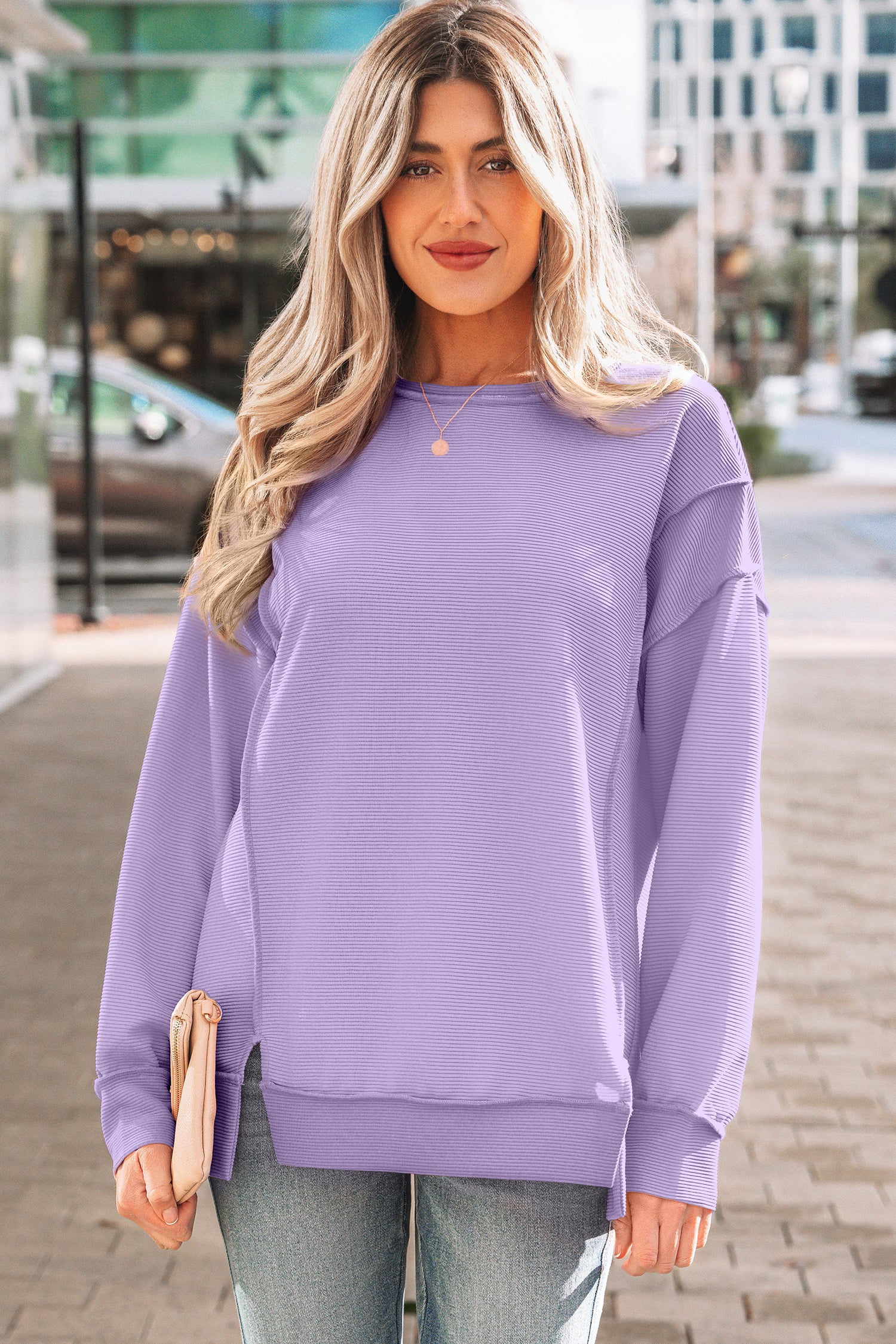 Lavendula Horizontal Ribbed Exposed Seam Detail Drop Shoulder Baggy Pullover