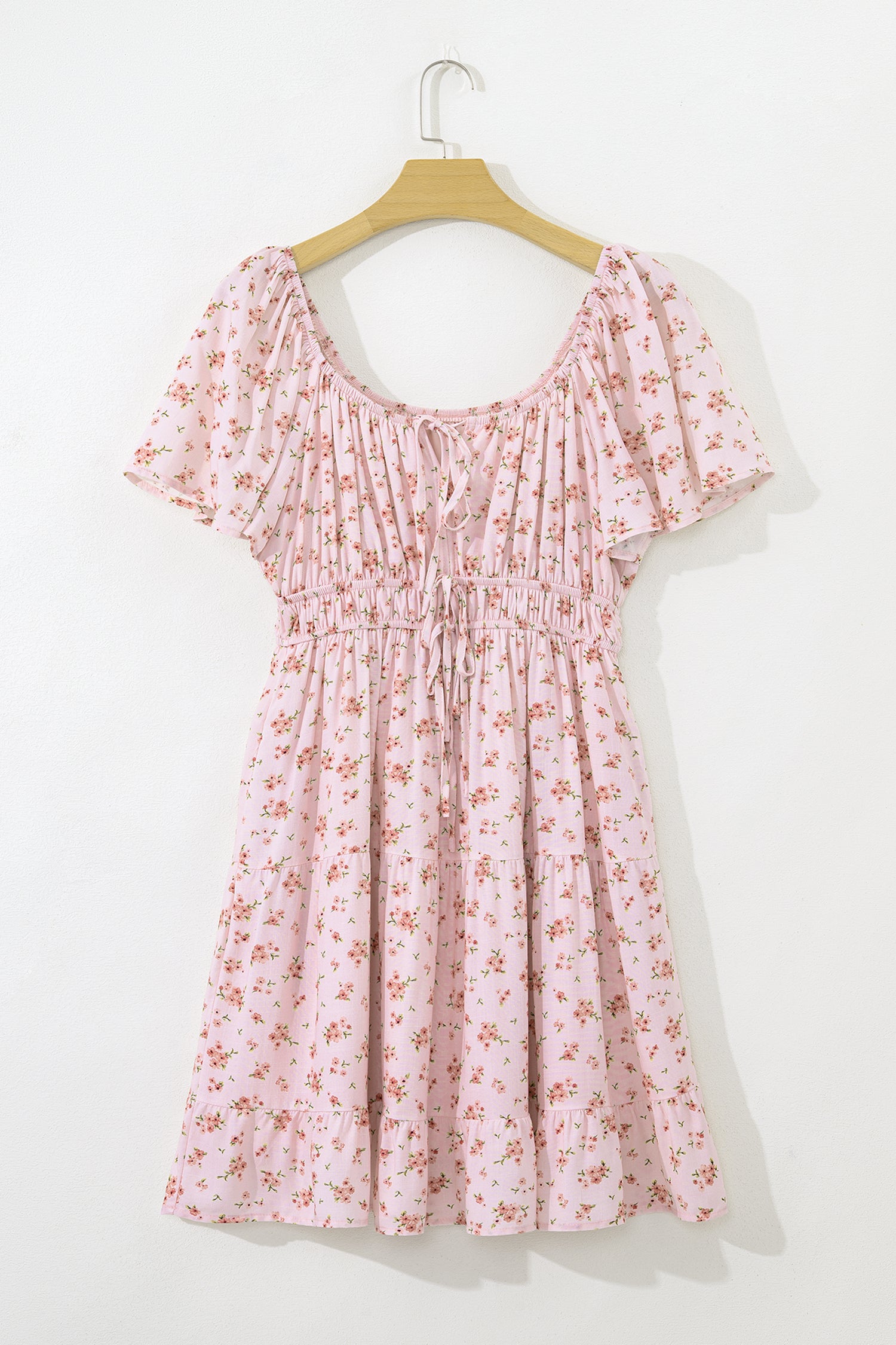 Pink Front Tie Shirred Waist Short Sleeve Ruffled Floral Mini Dress
