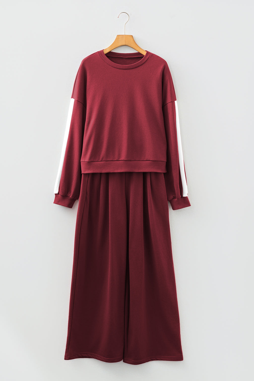 Burgundy Varsity Striped 3/4 Sleeve Pullover Drawstring Sweatpants Set