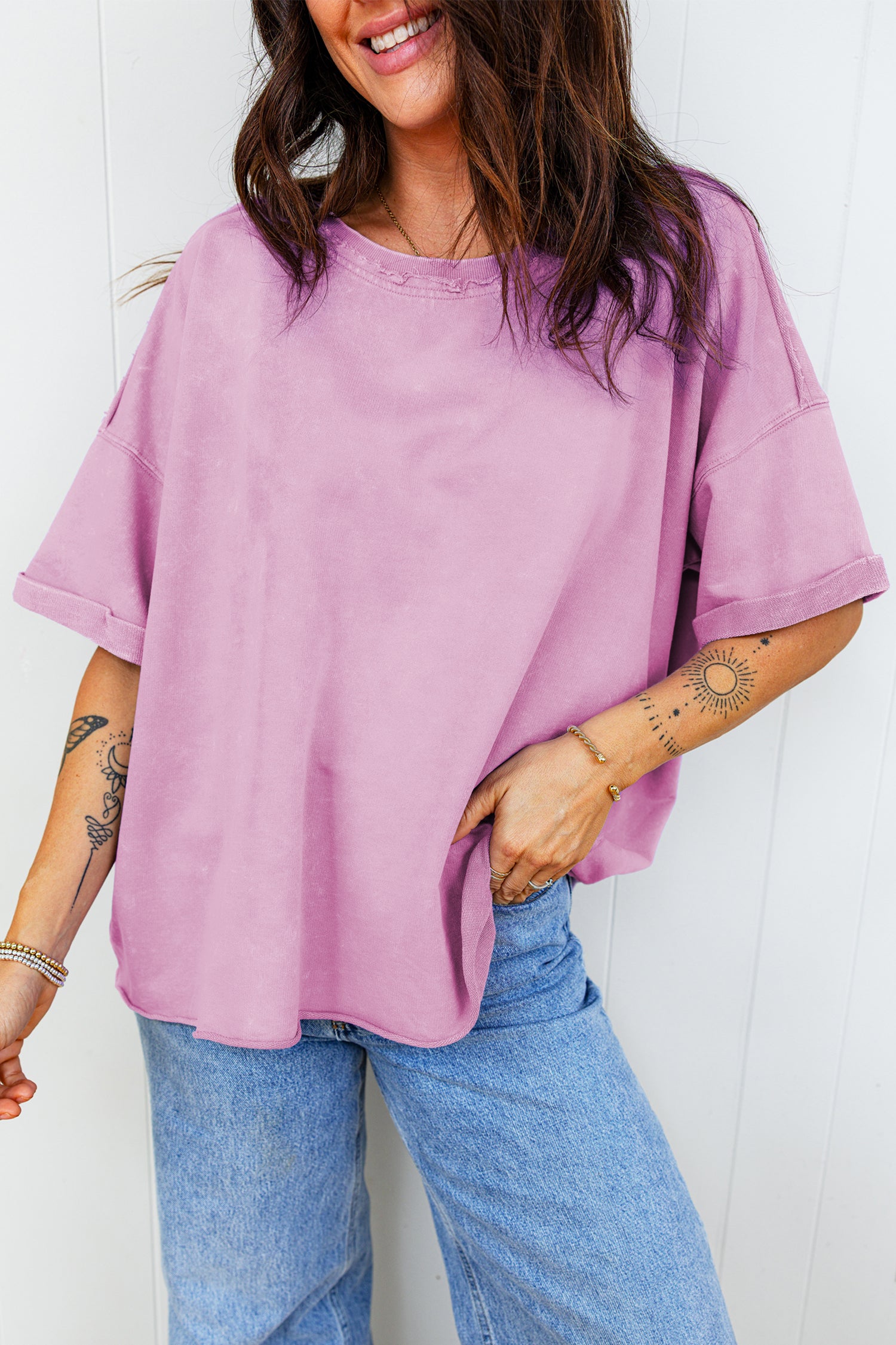 Lavendula Mineral Wash Drop Shoulder Raw Edge Loose Tee