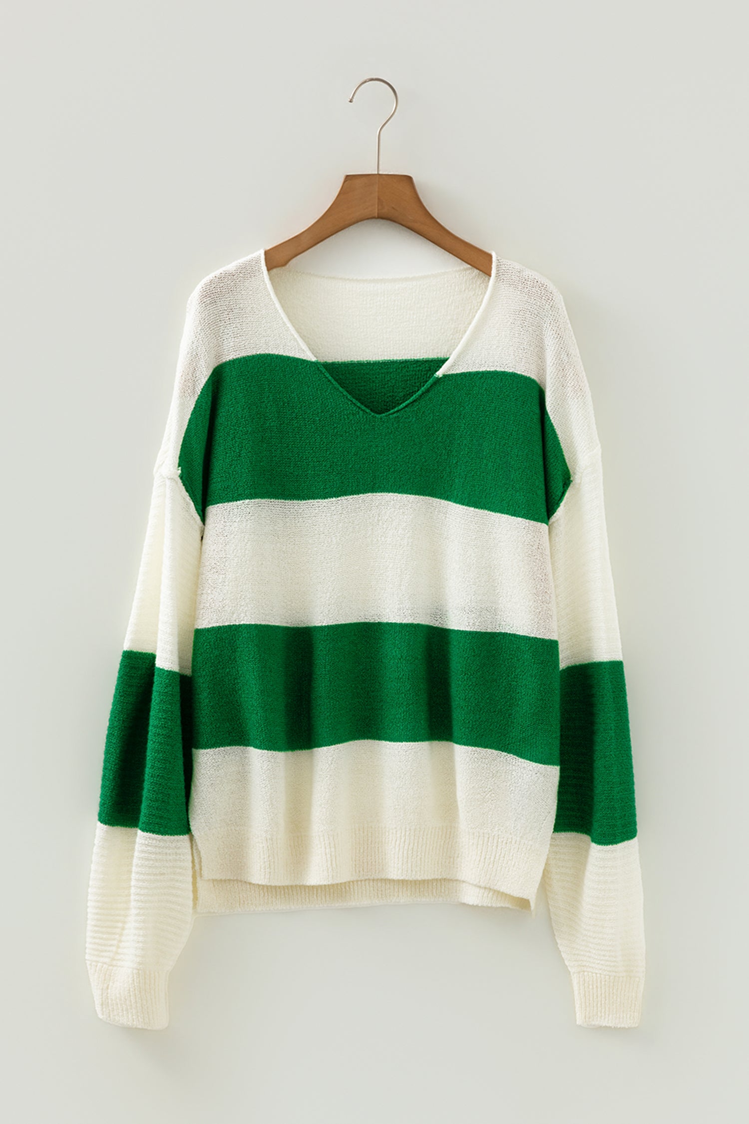 Green Stripe Loose Color Block Drop Shoulder Bubble Sleeve Sweater