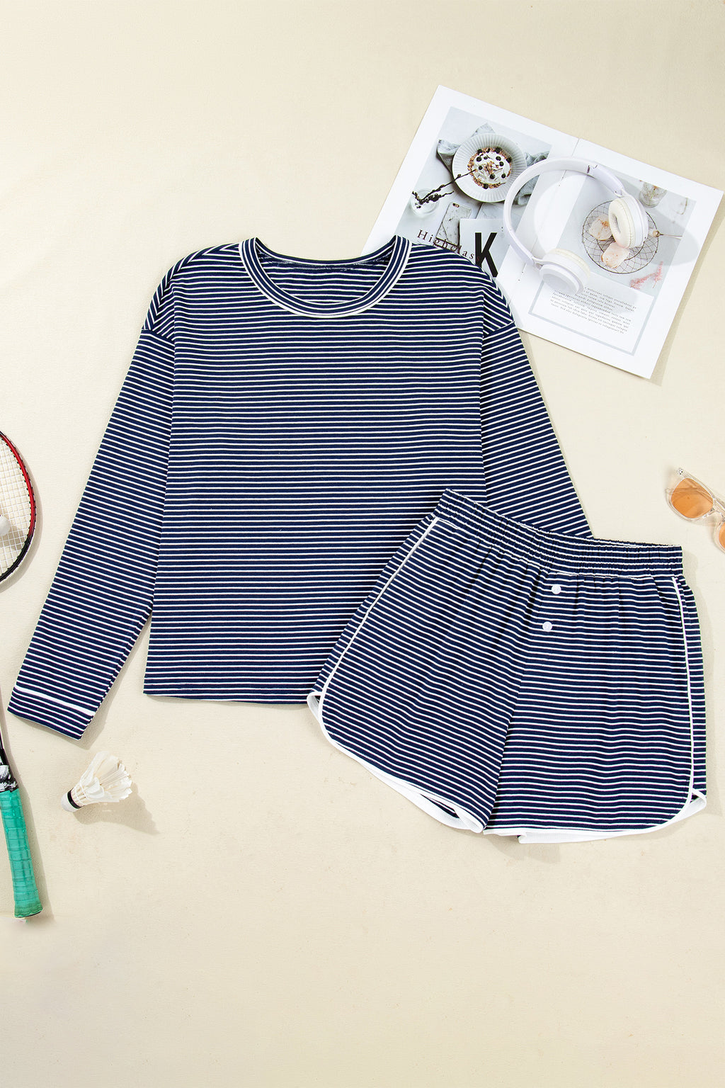 Blue Stripe Drop Shoulder Round Neck Long Sleeve Tee and Buttoned Shorts 2pcs Lounge Set