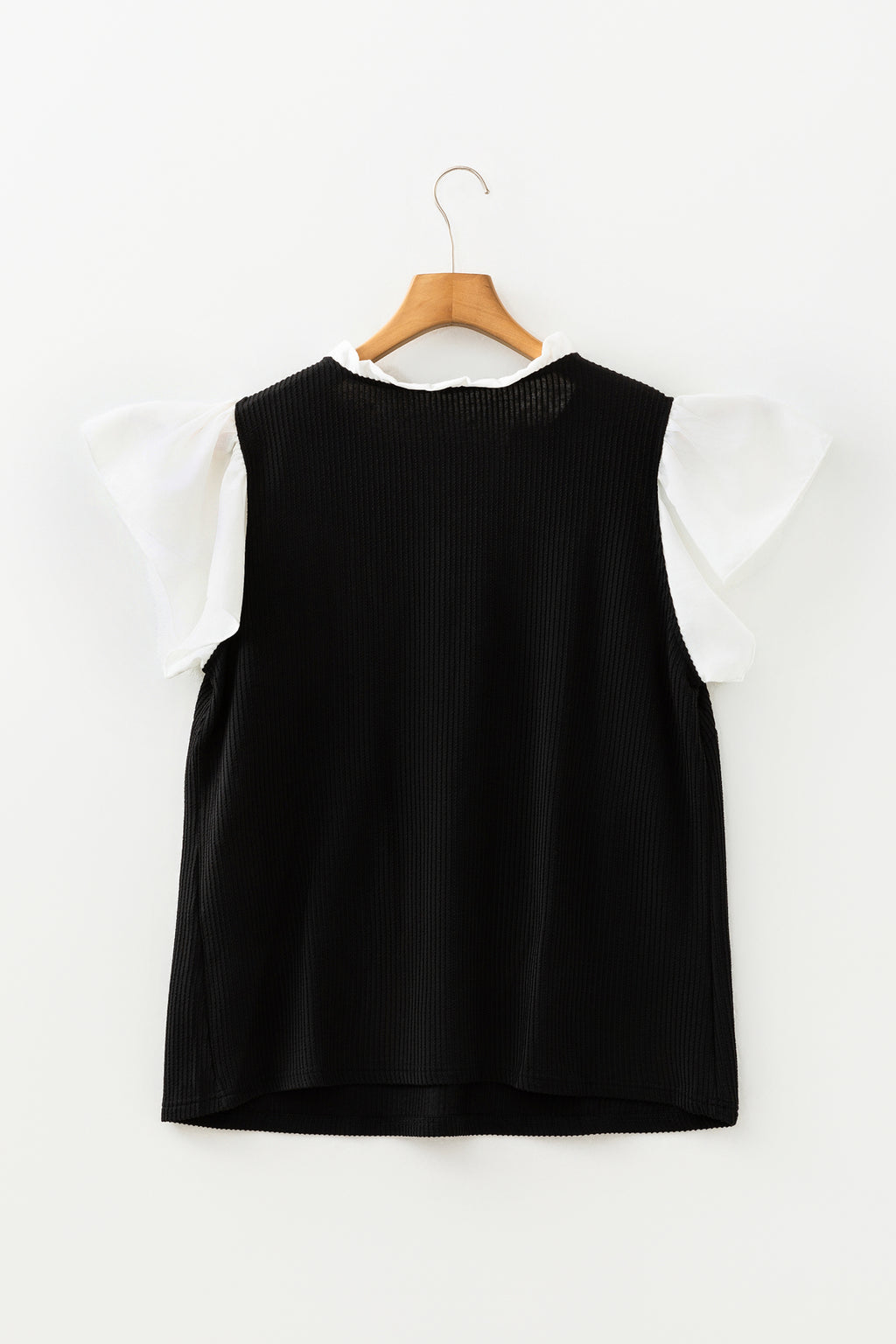 Black Plus Size Contrast Frilled Neckline Ruffled Short Sleeve Ribbed Textured Blouse