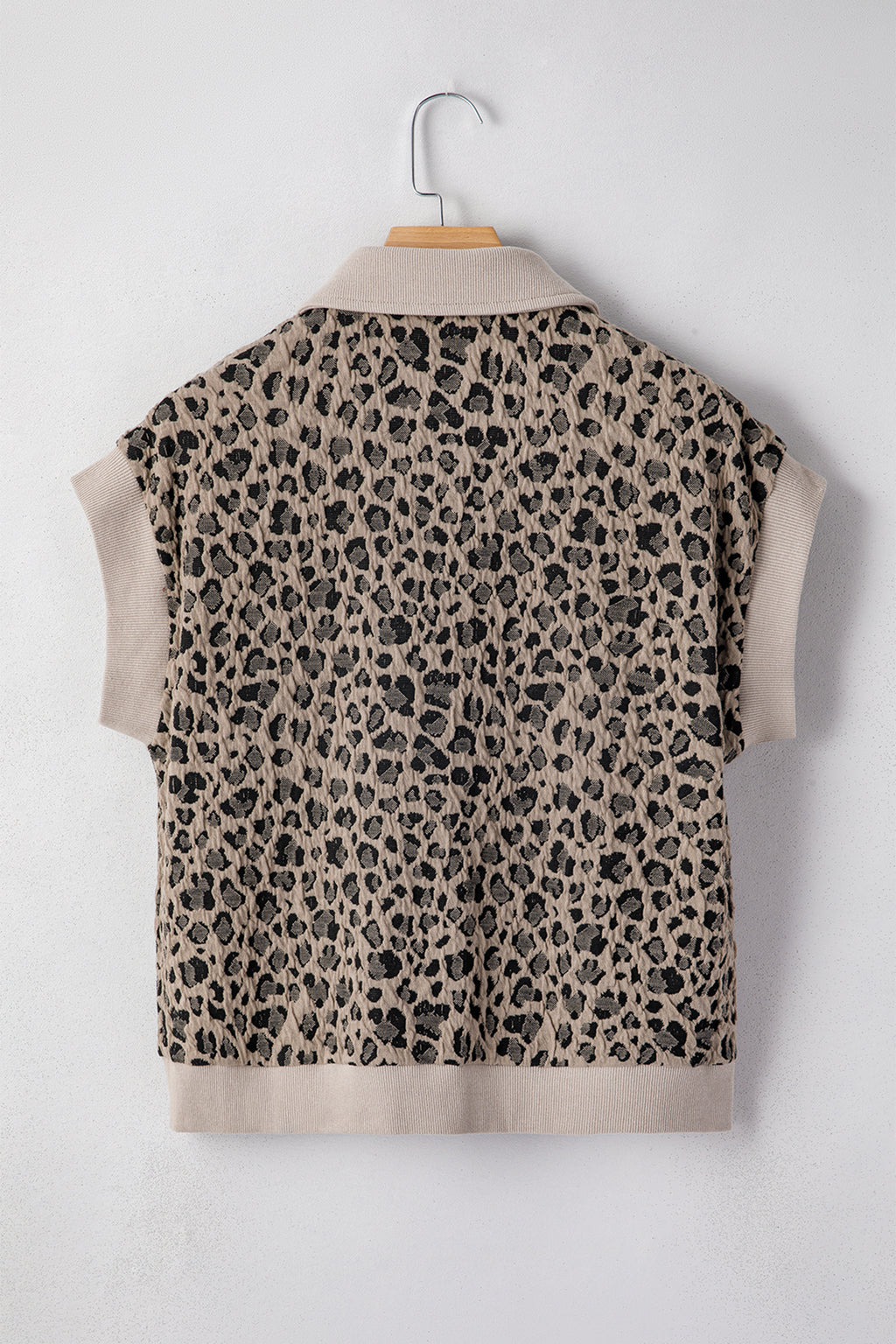 Beige Zip up Collared Leopard Cap Sleeve Top