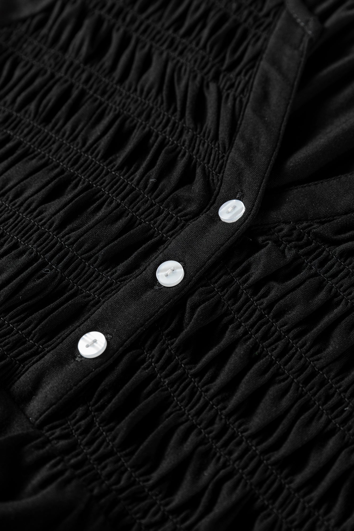 Black Smocked Bust Buttoned Split V Neck Flow Fit Blouse