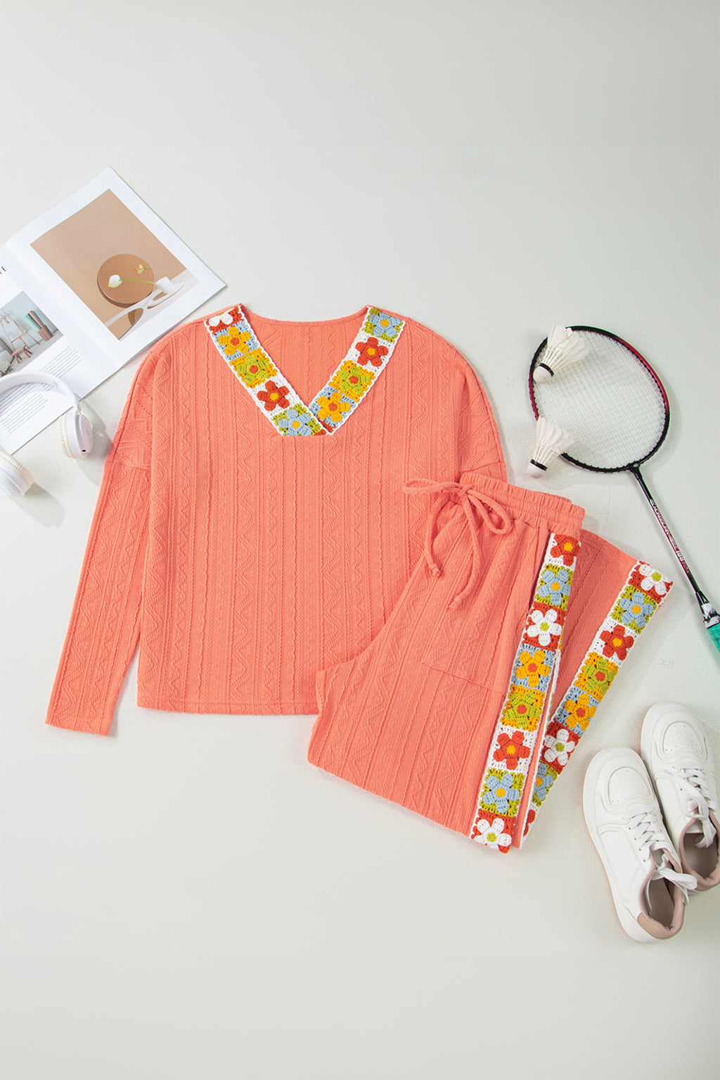 Grapefruit Orange Crochet Floral Accent V Neck Textured Pants Set