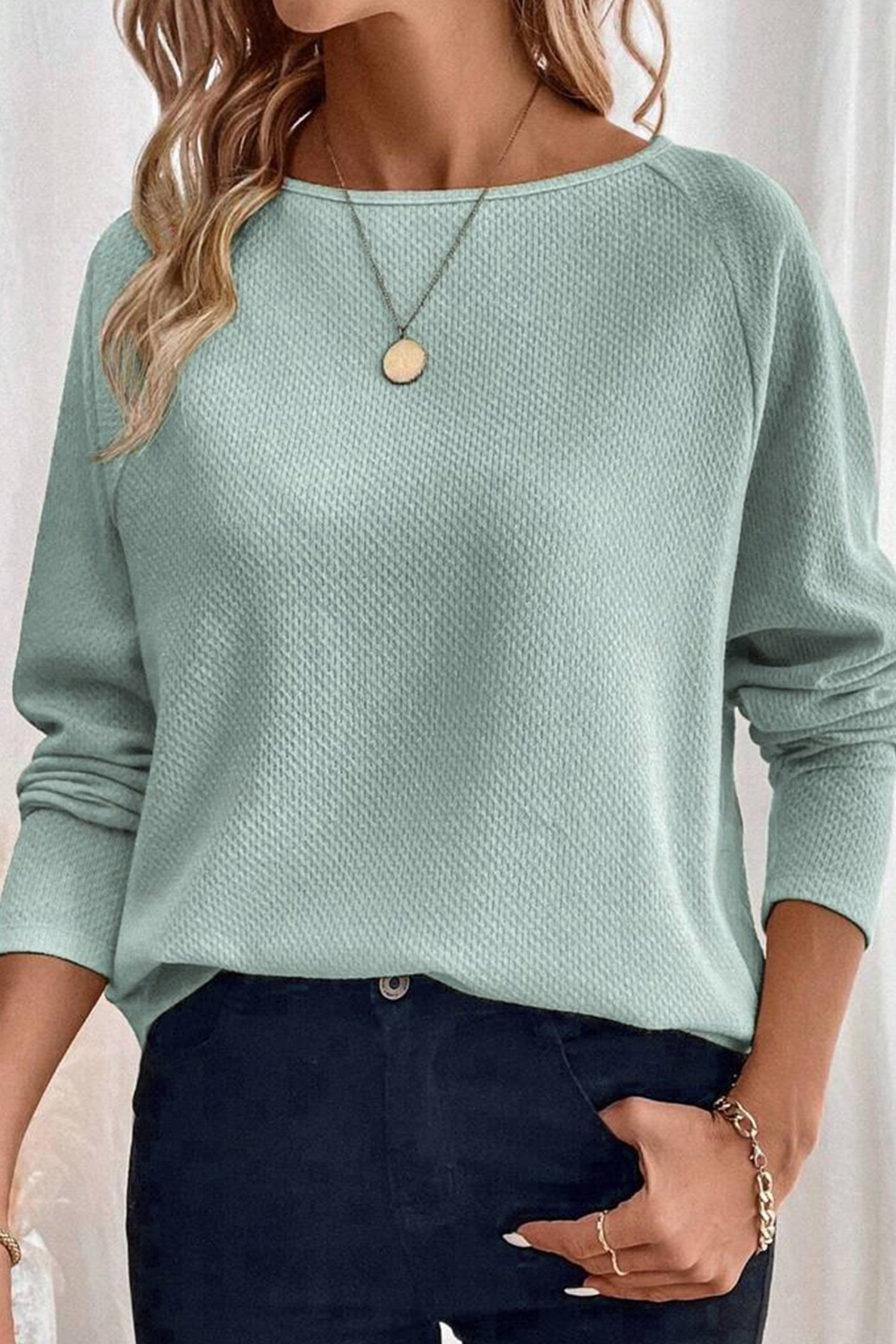 Moonlight Jade Textured Raglan Sleeve Knit Loose Top