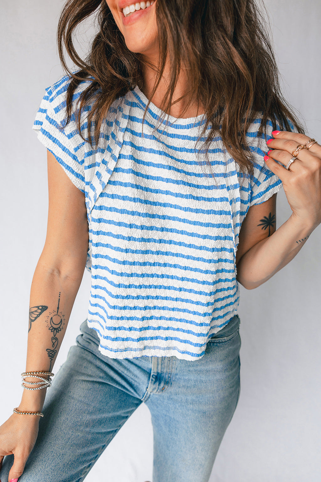 Blue Stripe Textured Short Sleeve Patchwork T Shirt