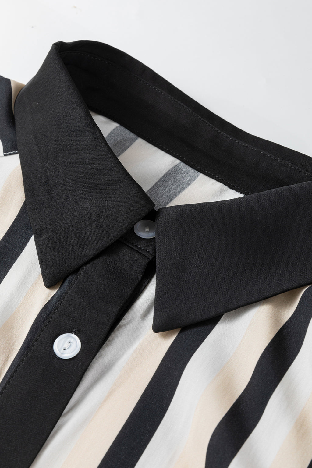 Black Stripe 3/4 Puff Sleeve Shirt Style Button Down Midi Dress