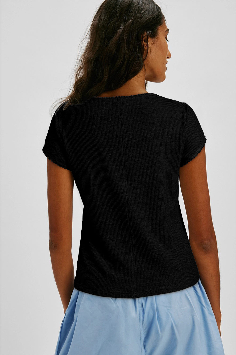 Black Solid Color Ribbed Knit Lace Trim Button Down Short Sleeve Top