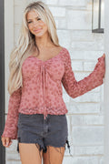 Peach Blossom Drawstring Knot Detail Floral Lace Blouse