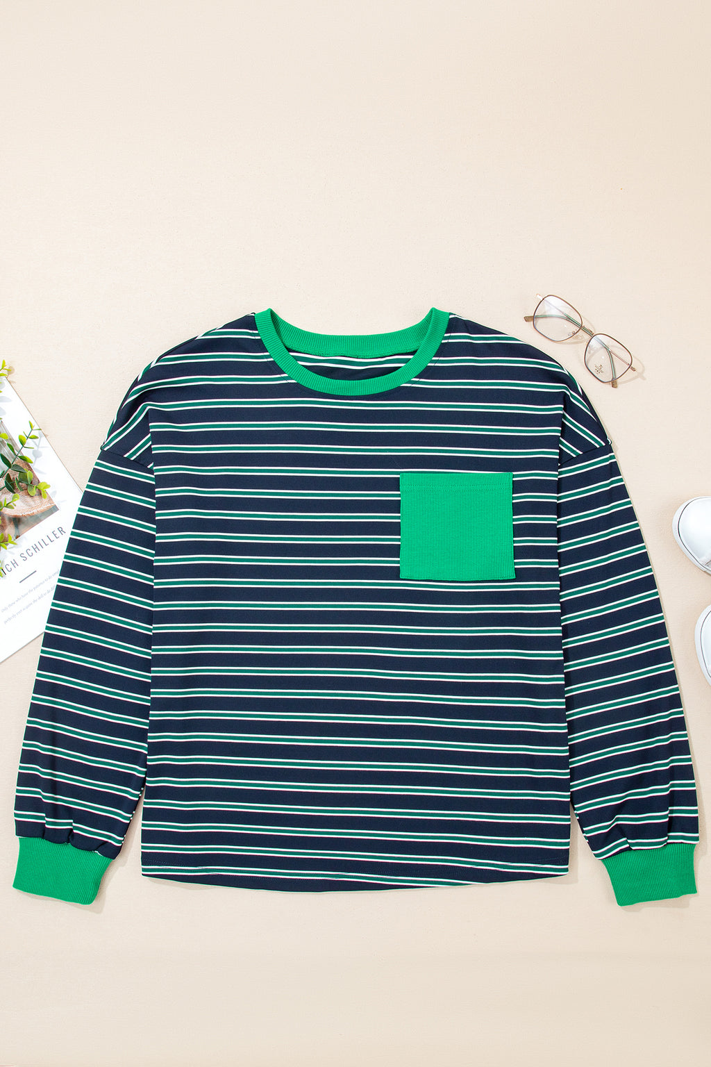 Green Stripe Ribbed Color Block Patchwork Crew Neck Patch Pocket Long Sleeve Top