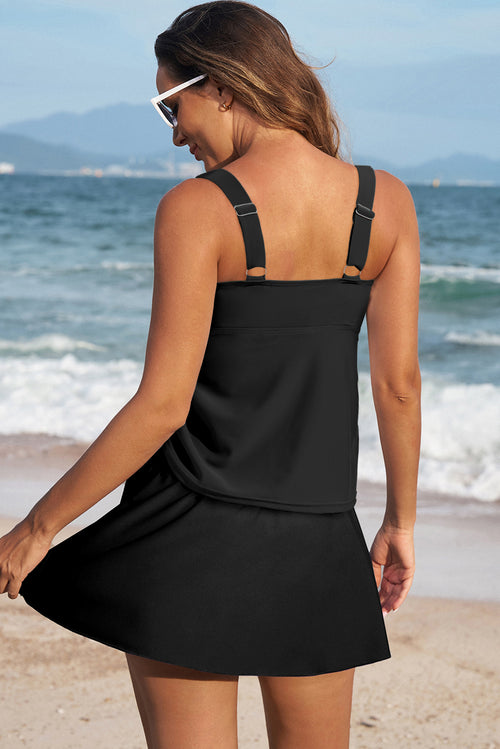 Black Scoop Neck Adjustable Tankini and Matching Skort Bathing Suit