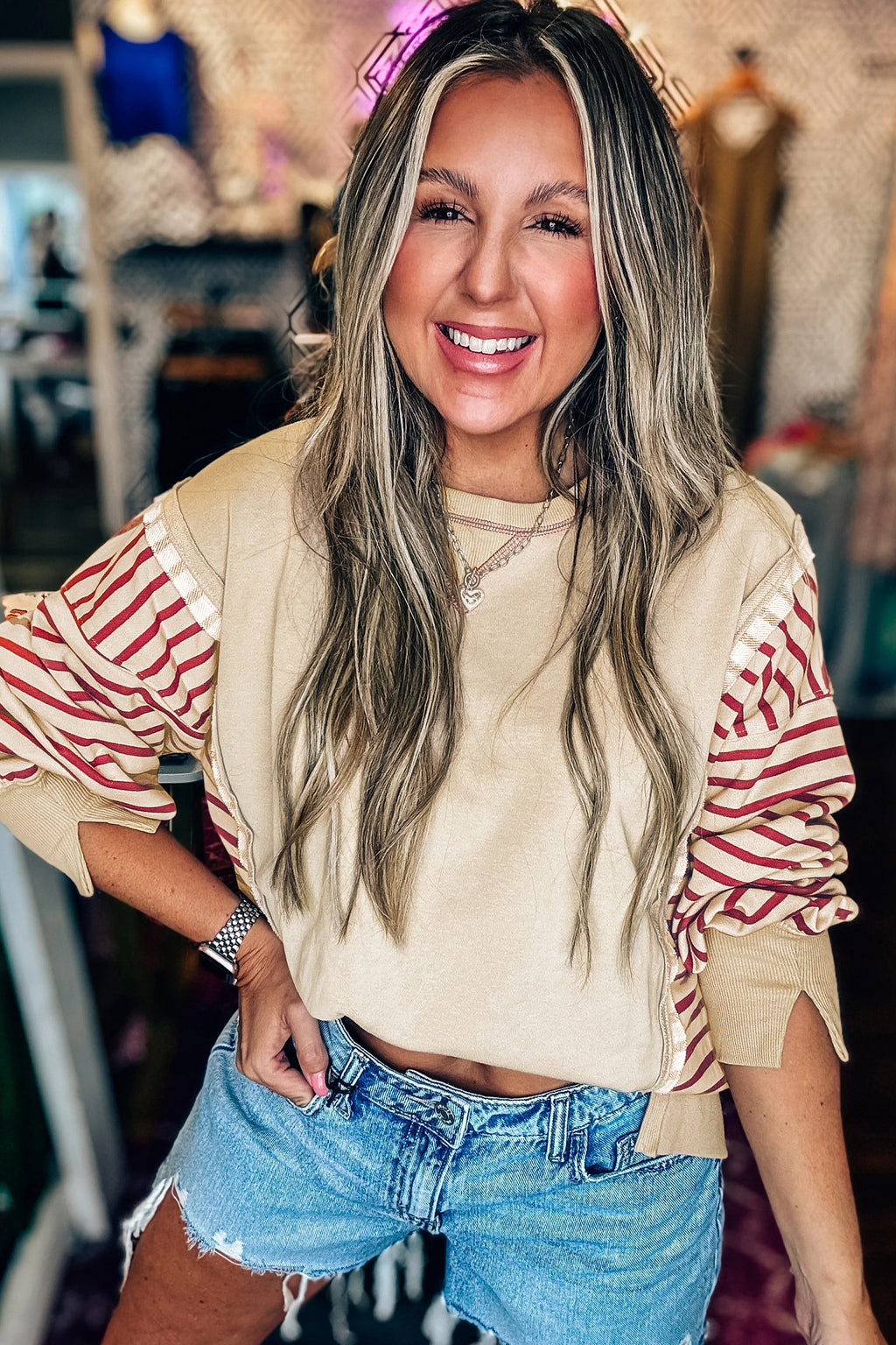 Red Stripe Sleeve Patchwork Casual Knit Top