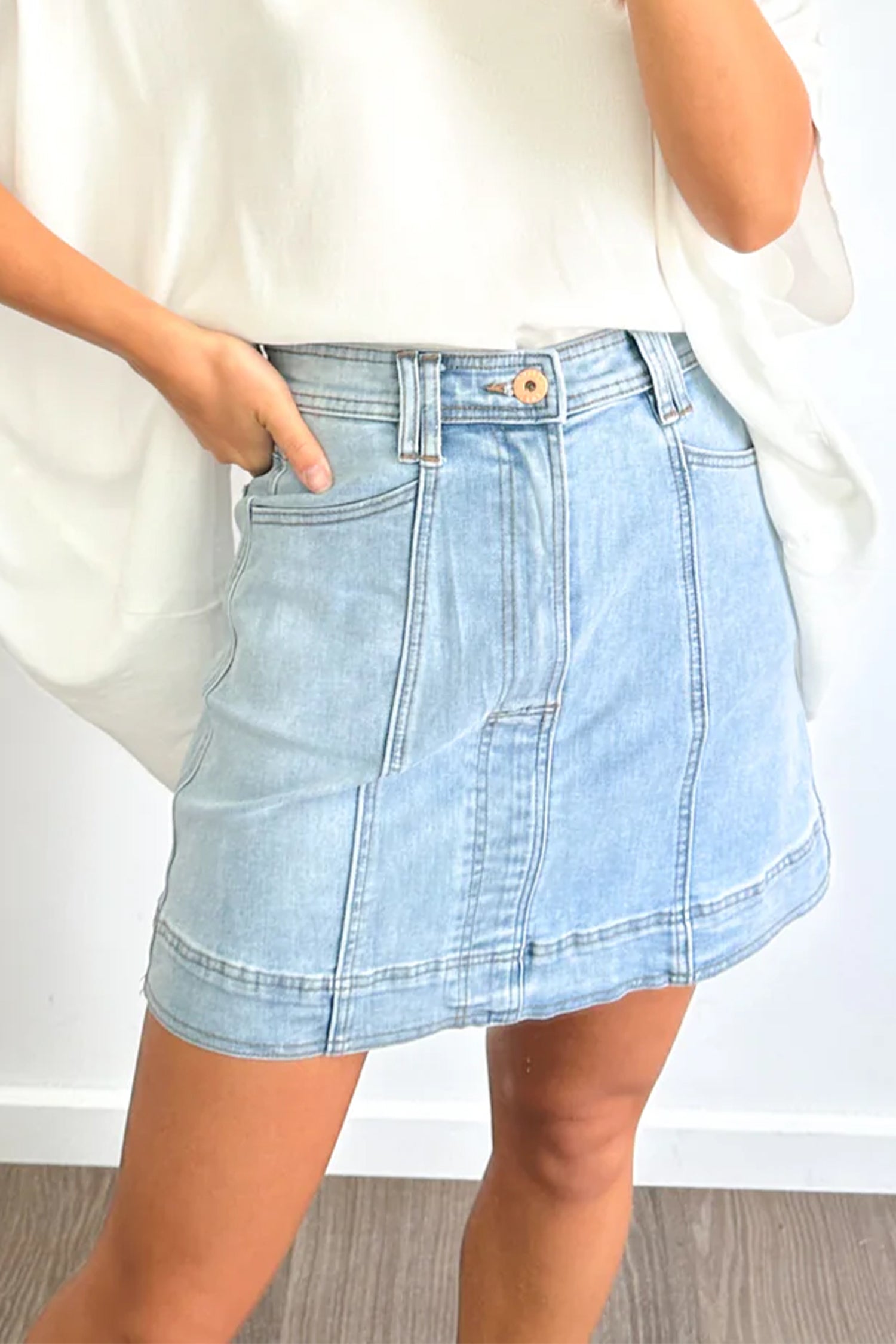 Beau Blue Exposed Seam Detail A-line Denim Mini Skirt with Pockets