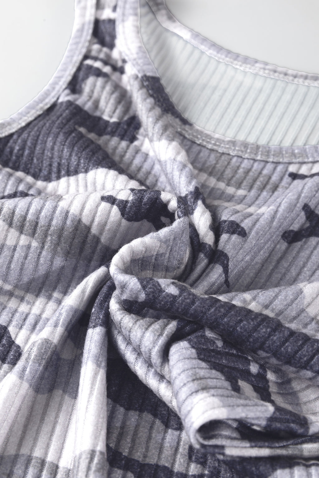 Gray Camouflage Print Ribbed Knit Round Neck Tank Top