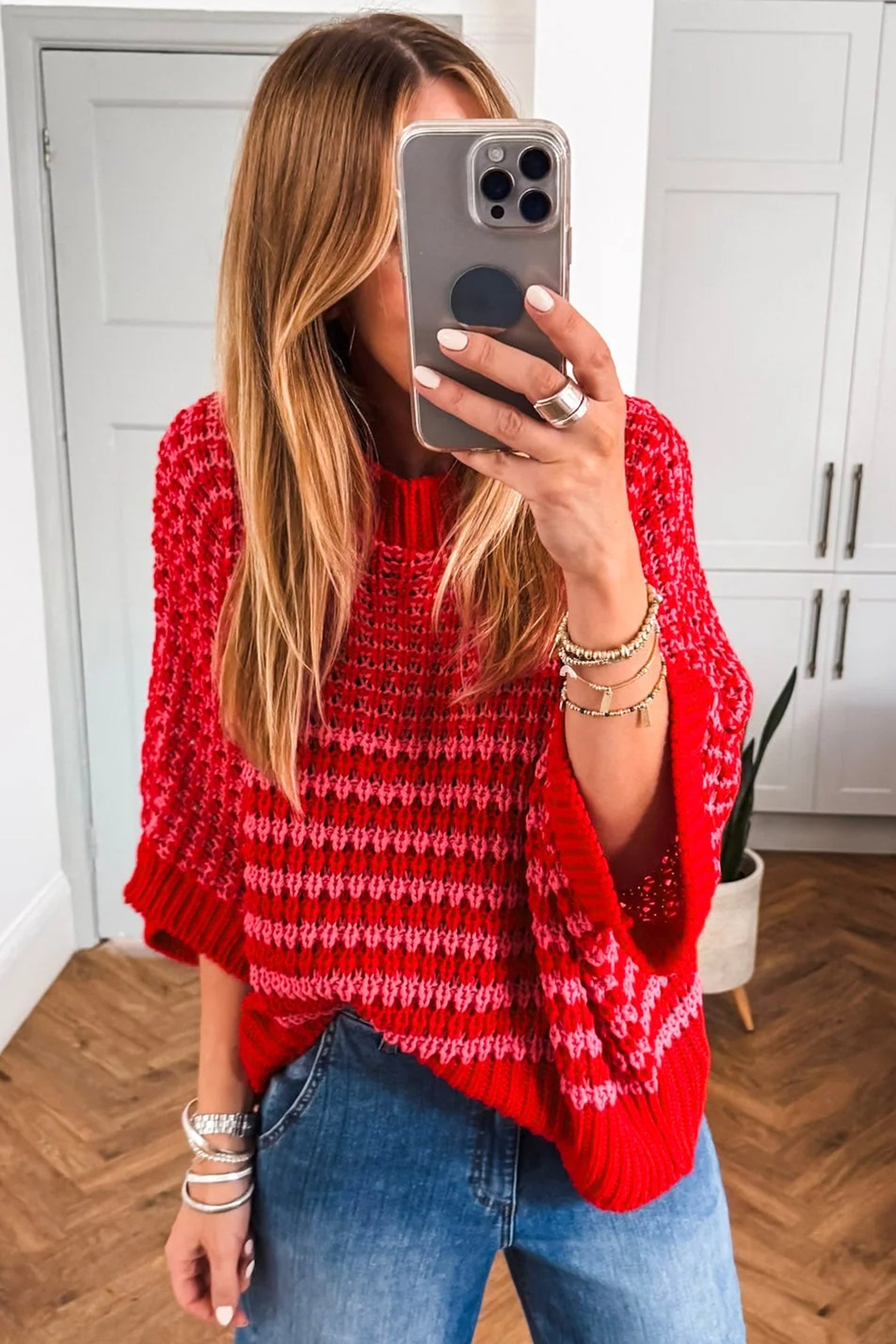 Red Stripe 3/4 Draped Sleeve Slouchy Sweater