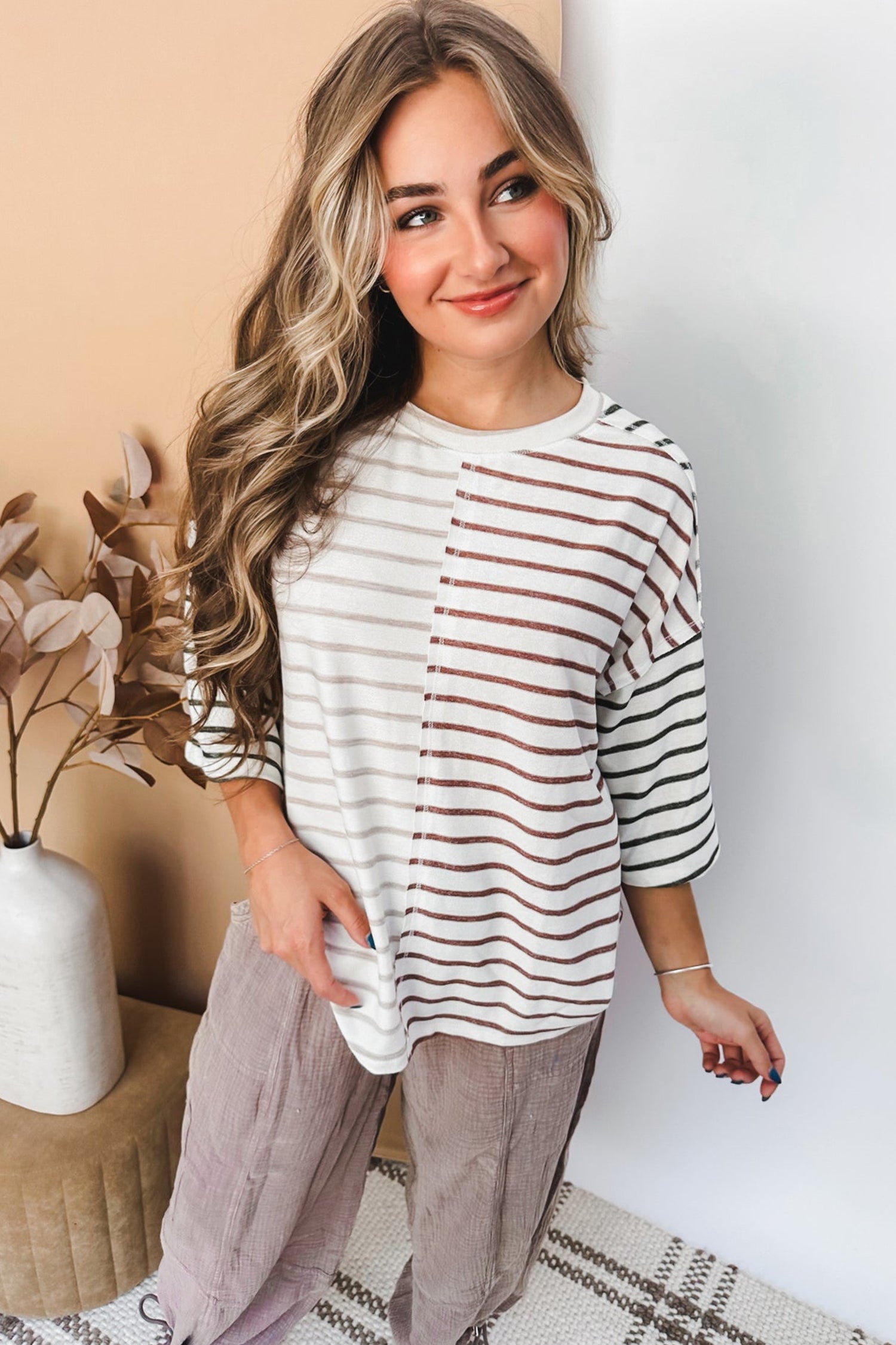 Khaki Stripe Colorblock 3/4 Sleeve Loose T Shirt
