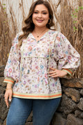 Black Plus Size Floral Print Contrast Trim Striped Detail Babydoll Blouse