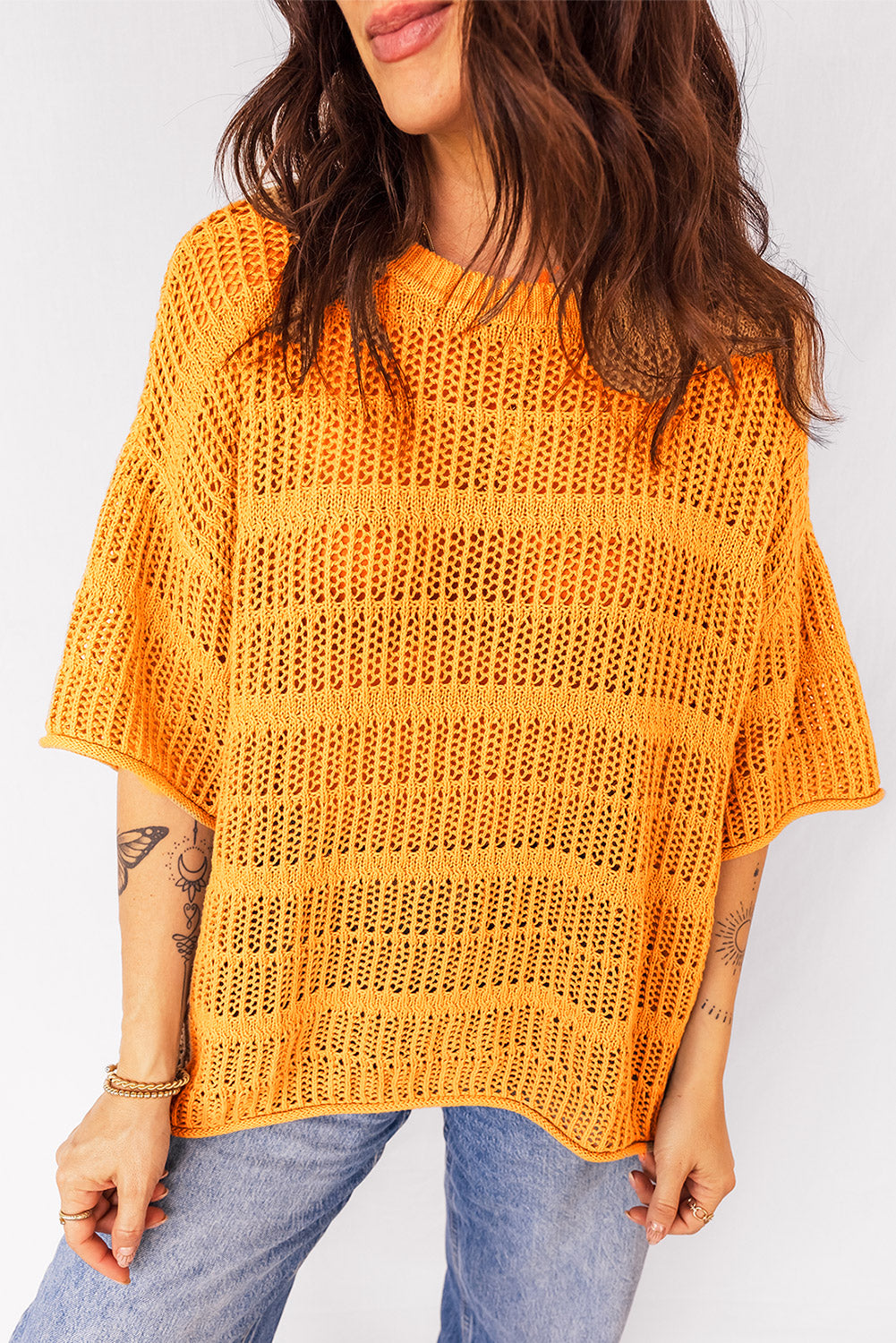 Mustard Hollow out Openwork Knit 3/4 Sleeve Sweater