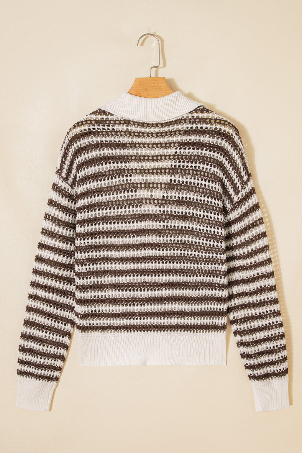 Brown Stripe Eyelet Hollow-out Contrast Collared Pullover Chic Sweater