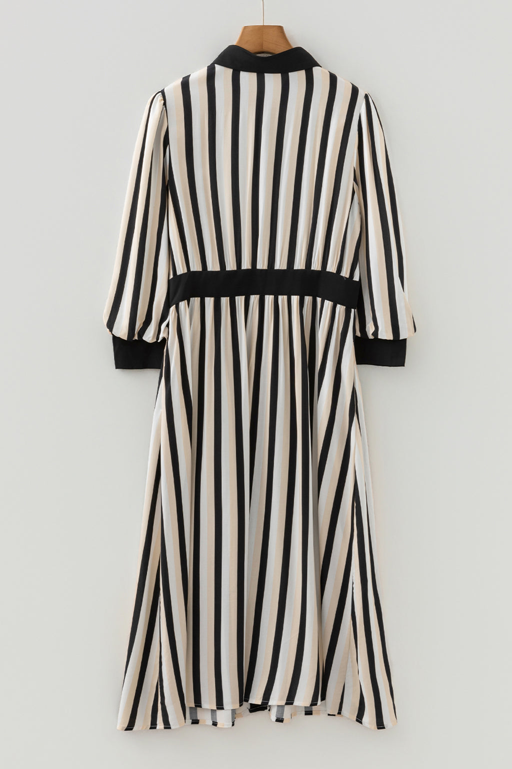 Black Stripe 3/4 Puff Sleeve Shirt Style Button Down Midi Dress