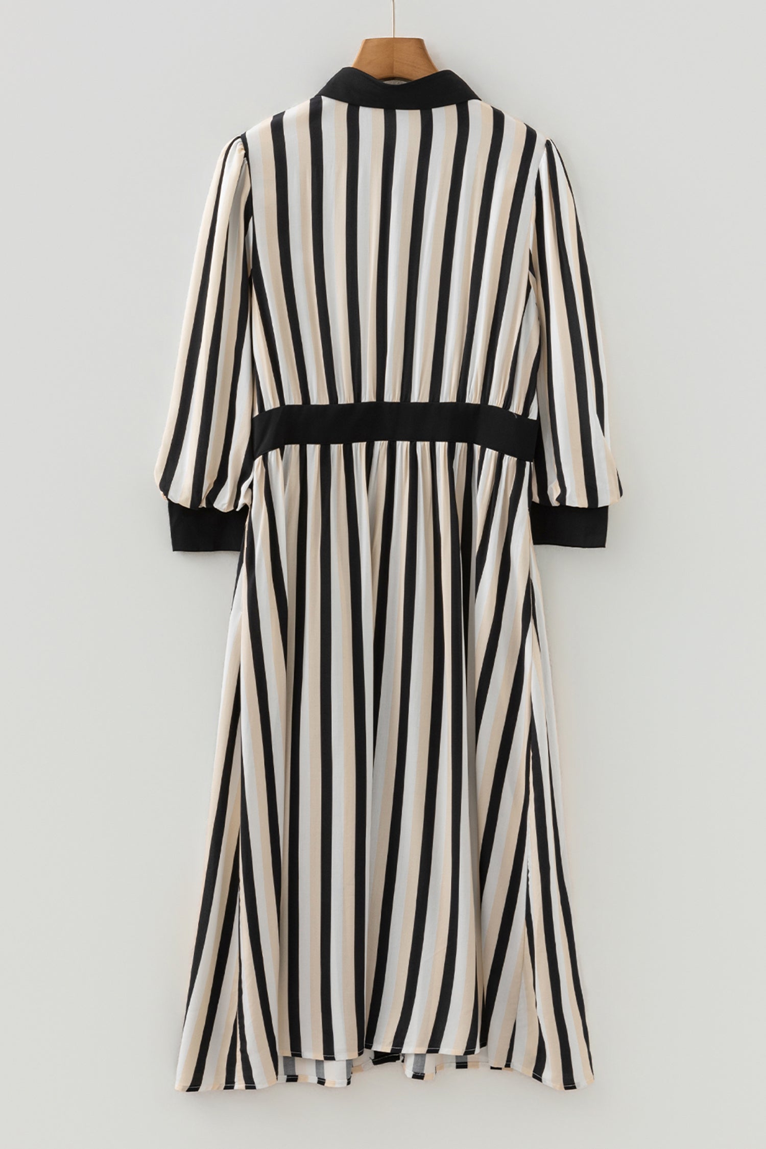 Black Stripe 3/4 Puff Sleeve Shirt Style Button Down Midi Dress