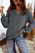 Gray Lace Patchwork Detail Notched Neck Mineral Wash Sweatshirt