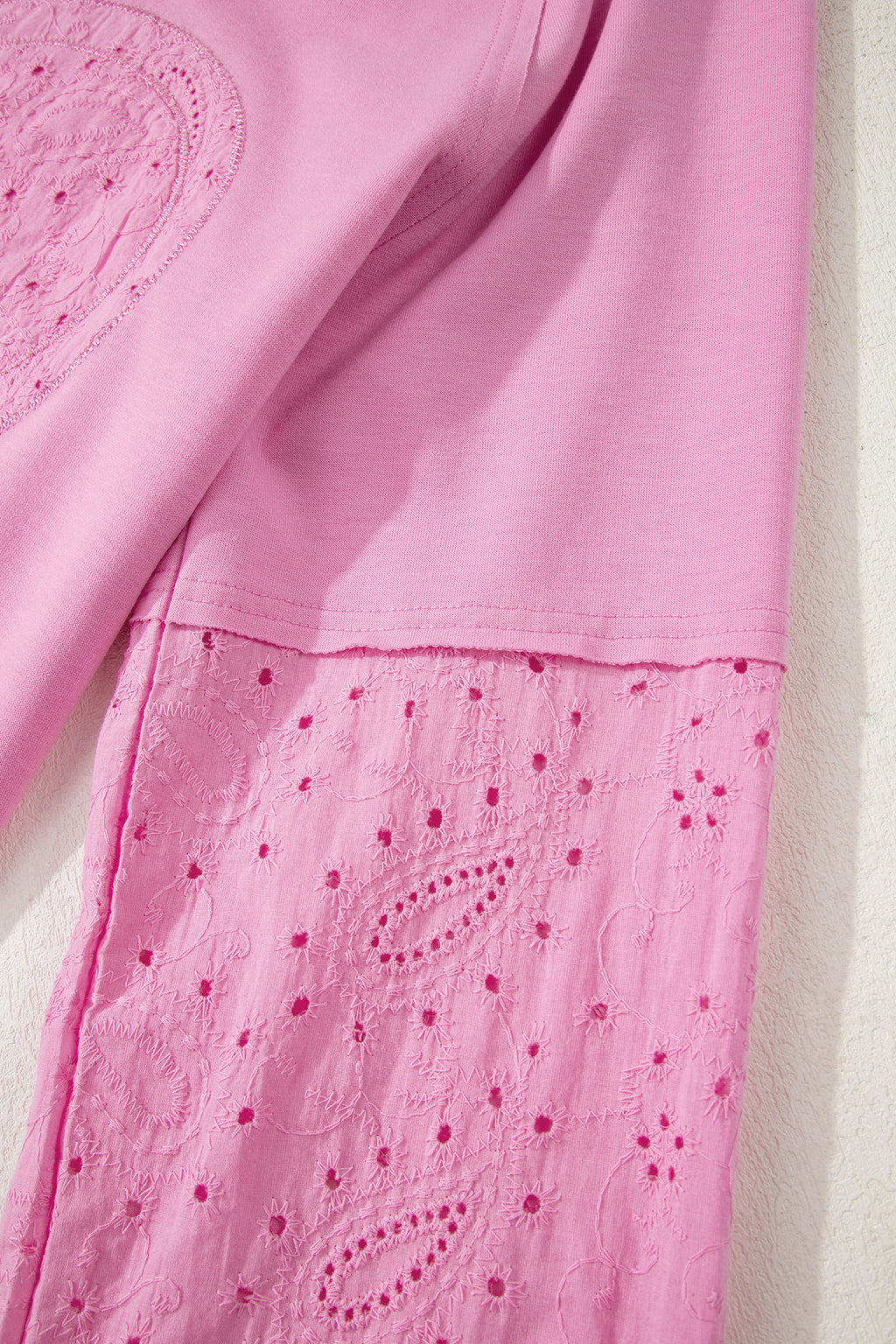 Pink Paisley Broderie Anglaise Valentine Heart Pattern Long Sleeve Patchwork Top