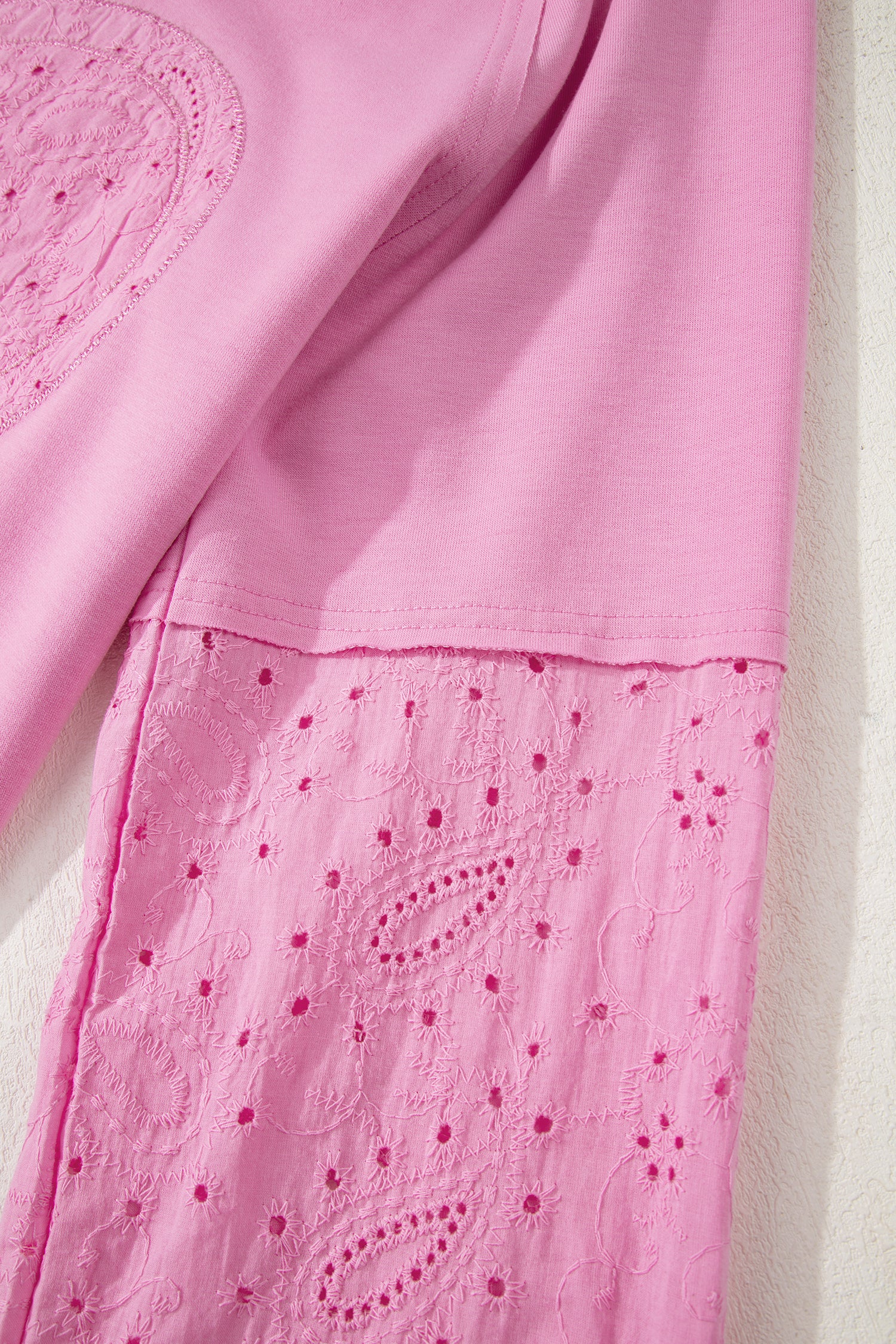 Pink Paisley Broderie Anglaise Valentine Heart Pattern Long Sleeve Patchwork Top