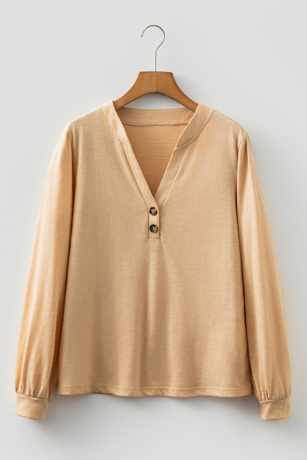 Light French Beige Solid Color Button V Neck Long Sleeve Top