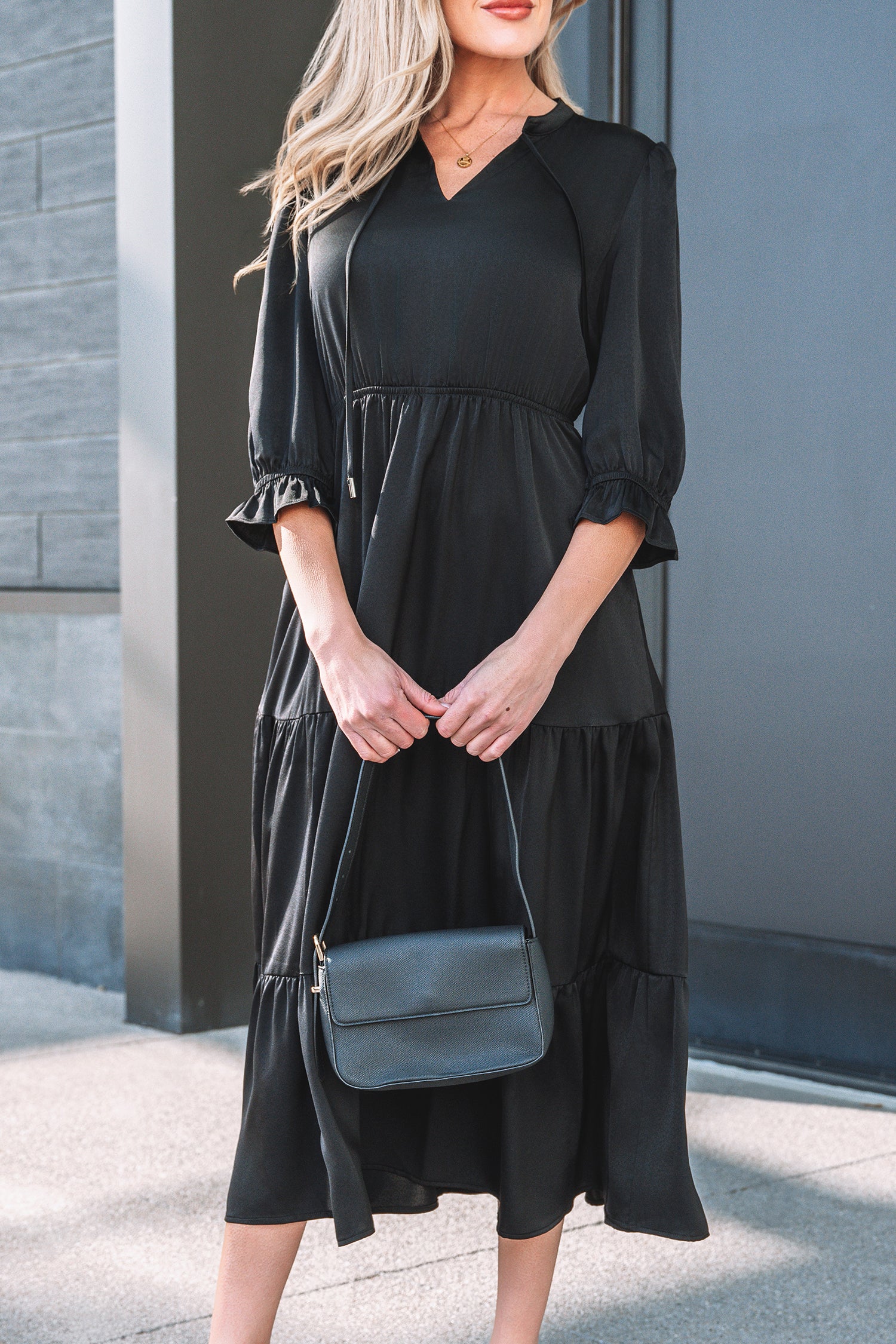 Black Flounced Bracelet Sleeve V Neck Tiered Maxi Dress