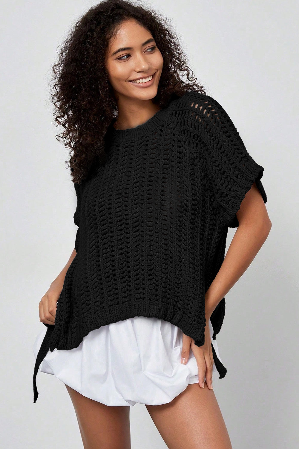 Black Plus Size Open Knit Bow Tie Short Sleeve Sweater