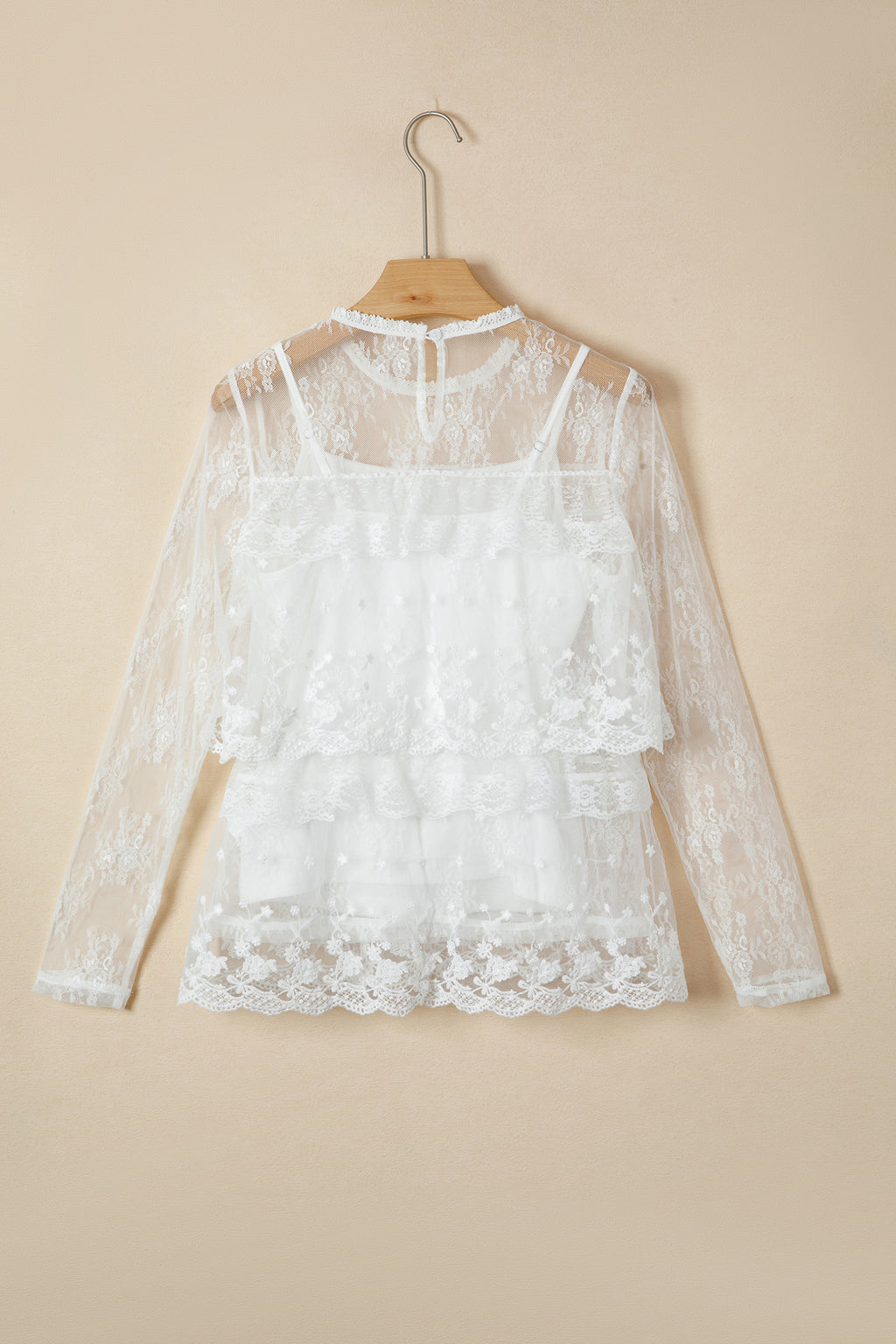 White 2pcs Sheer Floral Lace Ruffle Tiered Patchwork Blouse