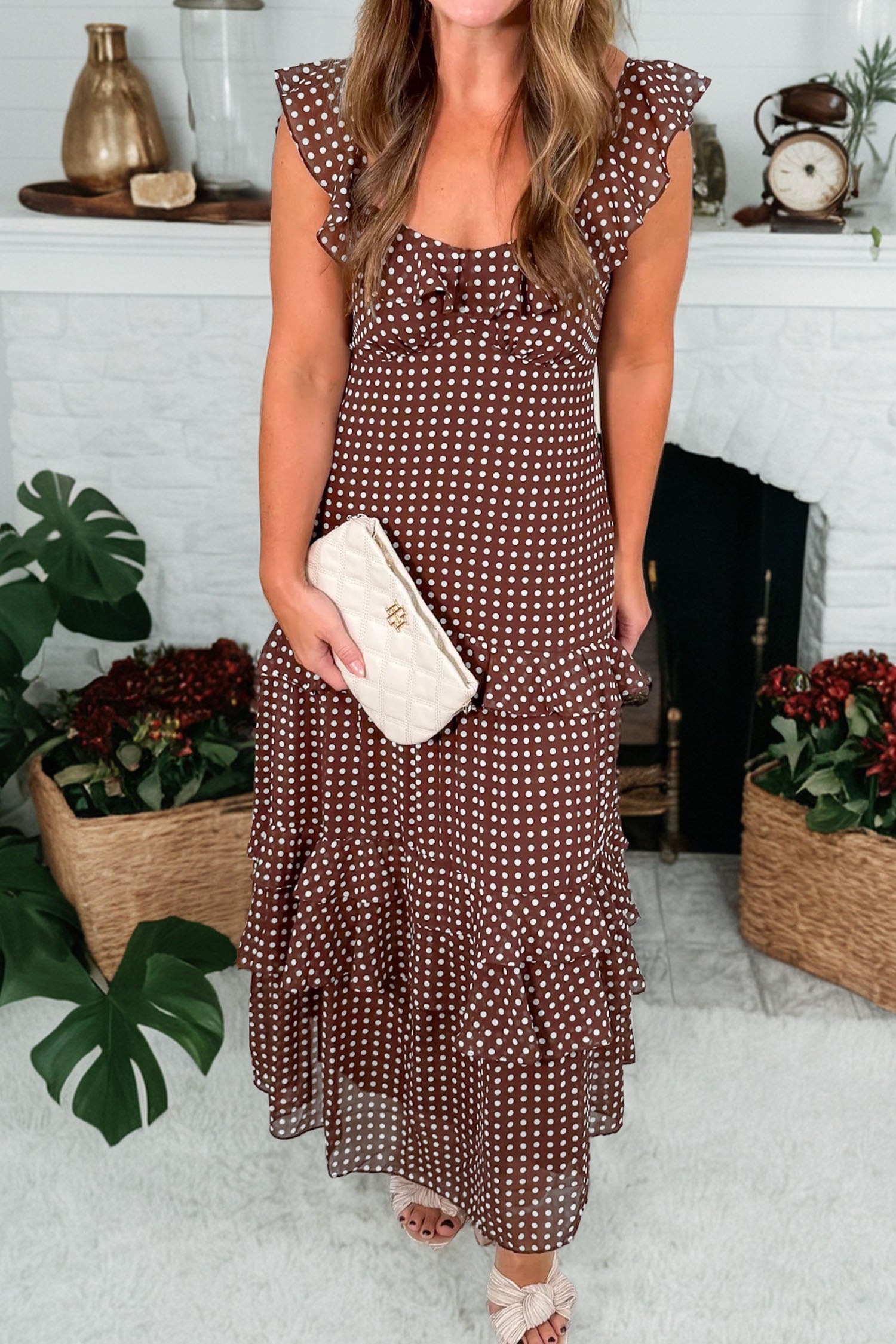Coffee Polka Dot Print Backless Ruffled Tiered Maxi Dress