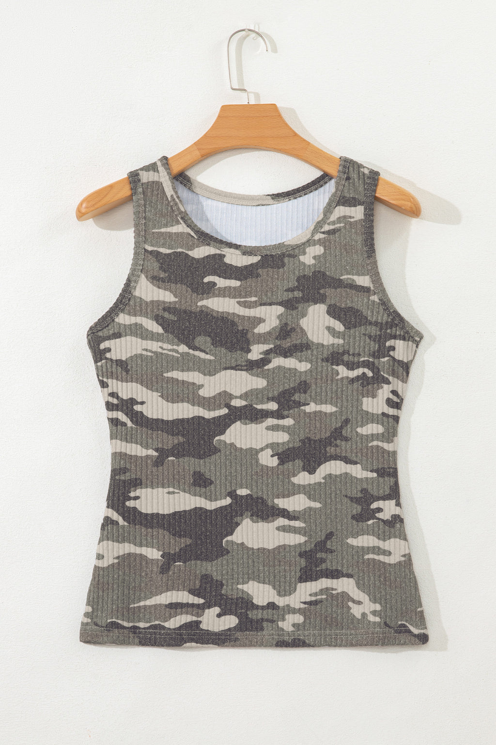 Green Camouflage Print Ribbed Knit Round Neck Tank Top