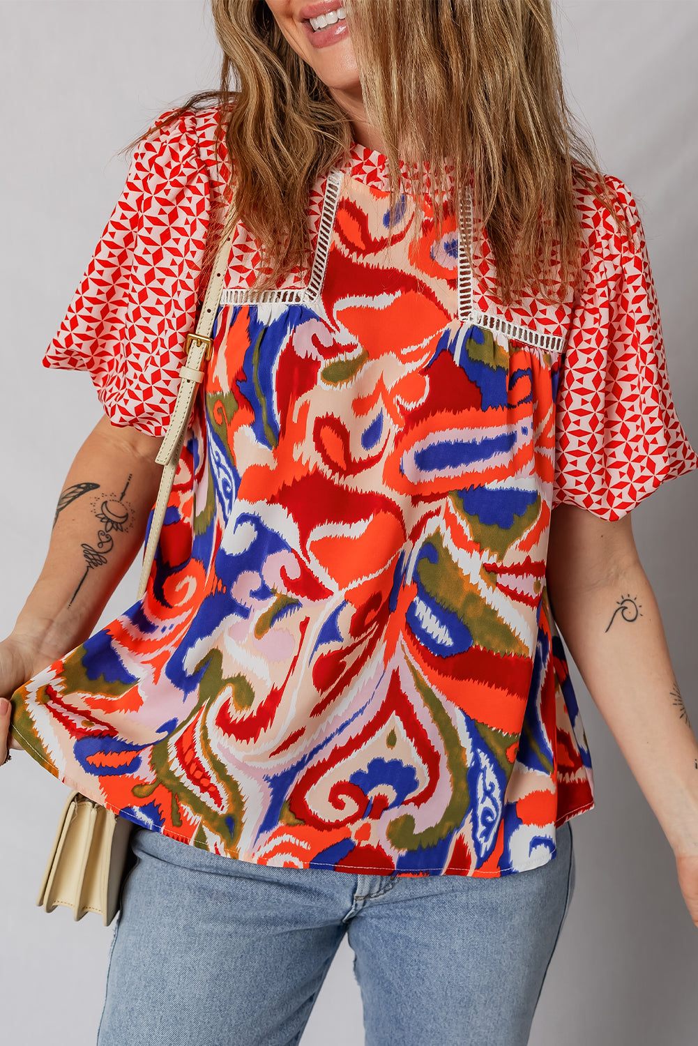 Red Paisley Geometric Mixed Print Patchwork Puff Sleeve Blouse Top