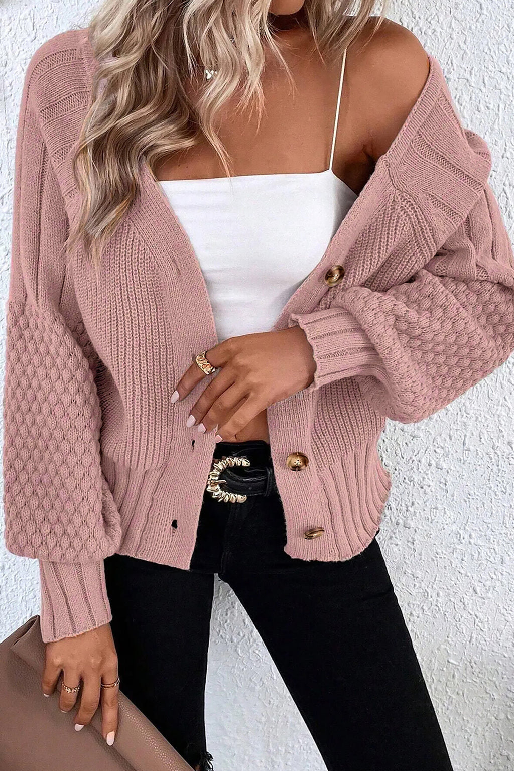 Light Pink Mixed Texture Knit Button V Neck Sweater Cardigan