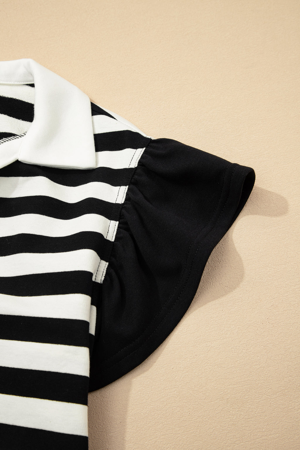 Black Stripe Collar V Neck Ruffled Short Sleeve Blouse